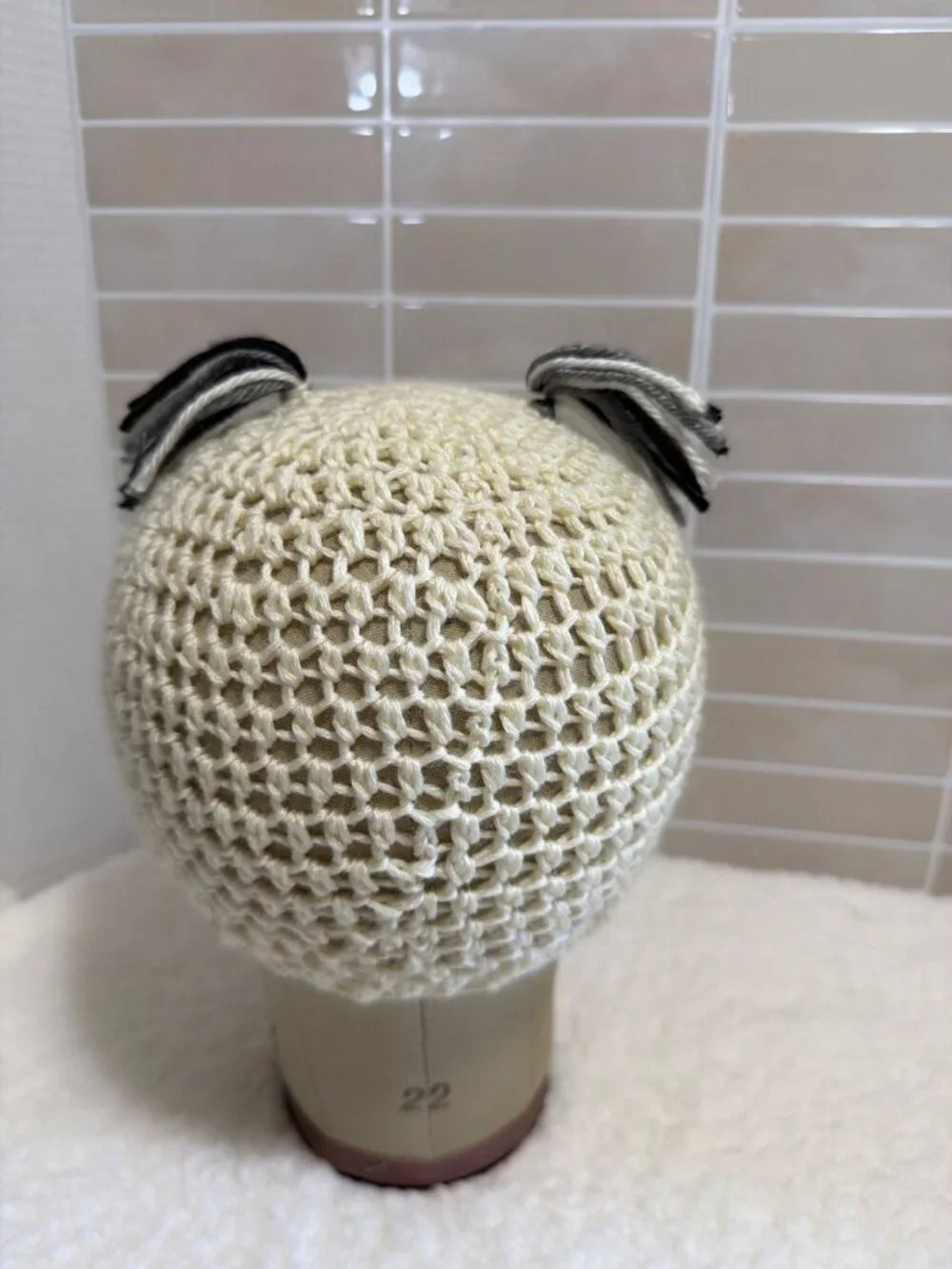 Handmade Crochet Owl Hat Cream with Gray Ear Tufts & Large Detailed Eyes